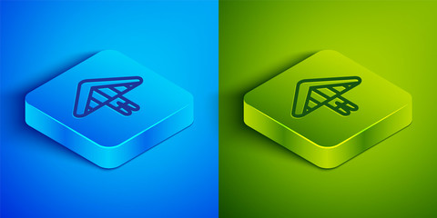 Poster - Isometric line Hang glider icon isolated on blue and green background. Extreme sport. Square button. Vector Illustration.