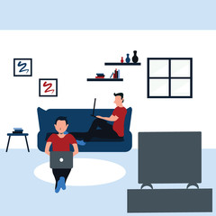 two man surfing internet with their laptop and watching television - colorful flat cartoons illustrations