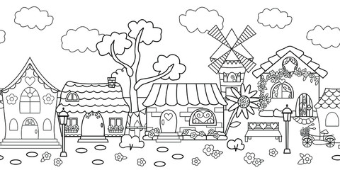  Seamless pattern with country house, street. Black and white vector illustration. Coloring book.