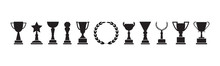Trophy Cup, Award And Laurel Wreath, Champion Icons, Black Silhouettes Isolated On White Background. Vector Illustration