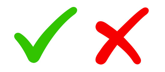 Check mark, tick and cross brush signs, green checkmark OK and red X icons, symbols YES and NO button for vote, decision, election choice icon - stock vector