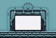 Cinema theatre movie screen vector illustration in retro styled yet clean design. Vintage movie theater interior with curtain, seat rows and blank film screen