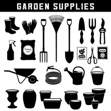 Garden Supplies, Do It Yourself Tools For Backyard And Home Garden Care And Maintenance, Twenty-six Silhouette Icons Isolated On White Background.