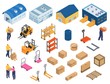 Isometric warehouse, industrial equipment for storage and distribution, set of isolated vector illustrations. Forklifts carrying pallets with boxes, storehouse shelves, warehouse workers, buildings.