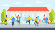 Store Shop Building For Cartoon Customer, Modern Business Vector Illustration. Boutique Clothing Sale, Retail Market Concept. Trendy Flat Character Go For Fashion Open Shop Event, Shopper Purchase.