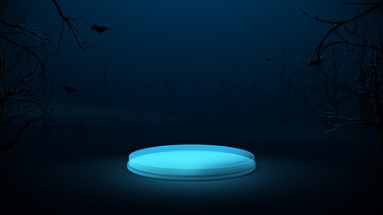 Poster - 3d blue circle podium display in a spooky forest at night. Happy halloween Background. Vector Illustration