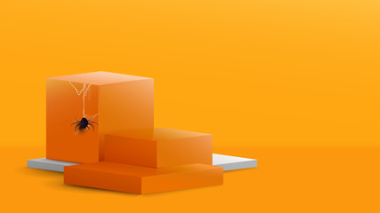 Poster - 3d Podium in abstract orange and white composition with Spider and cobweb in halloween theme design. Vector illustration