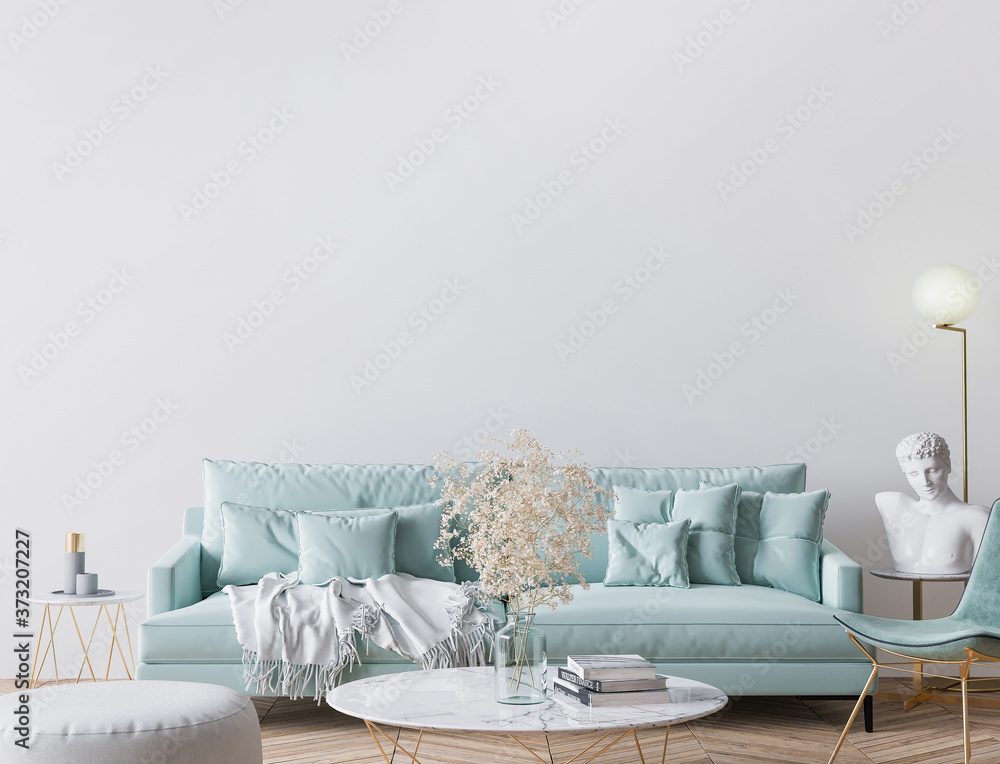 Trendy modern living room in light turquoise color and golden home accessories, empty wall mockup, 3d render - obrazy, fototapety, plakaty 