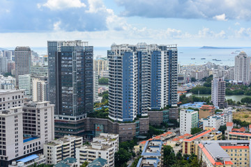  Beautiful aerial panoramic view of the city of Sanya city from Luhuitou Park. Hainan, China.