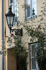 Poster - Vertical shot of a beautiful old street lamp on a wall of an antique house