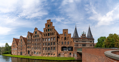 Sticker - historic red brick buildings and the Holstentor city gate in Luebeck