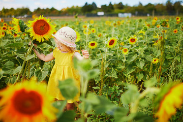 Adorable toddler girl on sunflower field