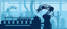 Industry 4.0 Concept, Silhouette Of Automated Production Line With Worker. Vector
