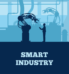 Industry 4.0 concept, Silhouette of automated production line with worker. Vector