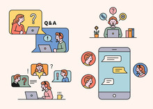 People Are Asking Questions Through Computer And Mobile Messages. Flat Design Style Minimal Vector Illustration.