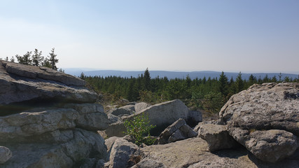 Sticker - Pile of big rocks from Ochsenkopf Mountain in Fichtelgebirge, Germany with trees on the background