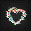 Vector glitched heart illustration isolated on dark transparent background, motion lights, technological love symbol, geometric.
