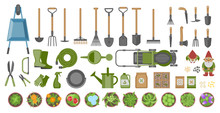 Garden Tools And Plants. Top View. Set Of Various Gardening Items. Flat Design Illustration Of Items For Gardening. View From Above.