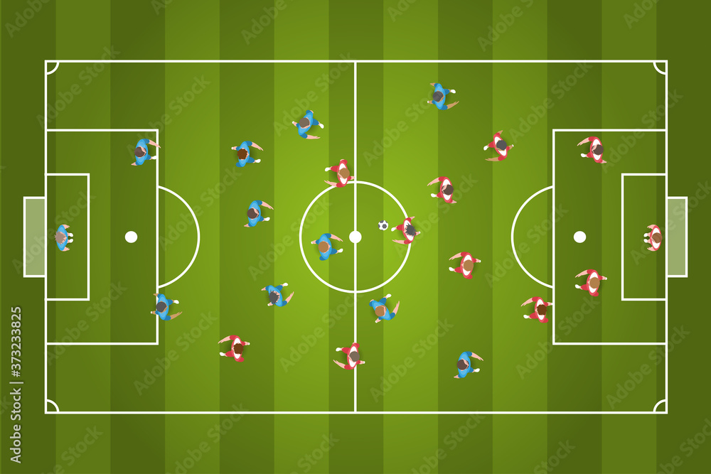 Football stadium and soccer team. Top view. Soccer field with the 