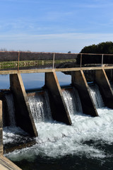 Canvas Print - Water splashing through a dam over a river