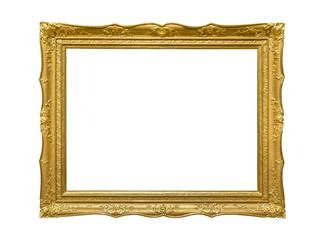 Wall Mural - Wooden golden colored picture frame on white background