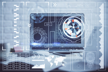 multi exposure of desktop computer and technology theme hologram. concept of software development.