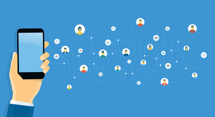 Sticker - flat vector abstract social network connection for online business background and working with mobil