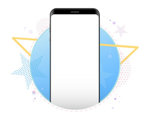 Wall Mural - mobile phone vector mockup with geometric abstract background. frameless black smartphone front view