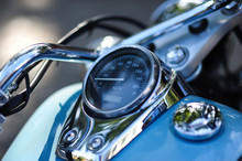 Motorcycle Detail With Gasoline Tank And Speedometer. Chrome Motorcycle Details Closeup