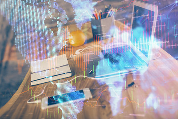 Fototapete - Financial graph colorful drawing and table with computer on background. Double exposure. Concept of international markets.