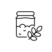 Yeast Starter In Glass Jar With Ear Of Wheat. Line Art Icon Of Fresh Raw Sourdough For Bread. Black Pictogram Of Fermentation Process With Natural Ingredient. Contour Isolated Vector, White Background