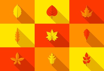 Canvas Print - Set of colorful autumn leaves icons with long shadow. Fallen autumn leaves collection in flat style. Vector illustration