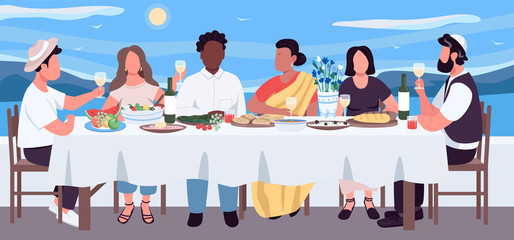 Multicultural dinner flat color vector illustration. Friends eat food on holiday for recreation. Cultural diversity at banquet table. Multiethnic 2D cartoon characters with seascape on background