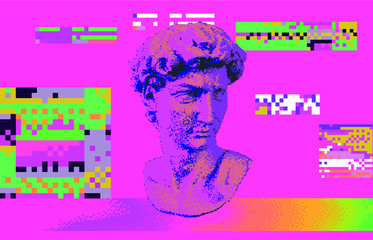 Wall Mural - Cyberpunk-style collage with plaster 3D head and pixel artifacts. Vaporwave and retrowave aesthetics from the 80s.