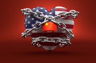 Canvas Print - USA heart and padlock with china flag