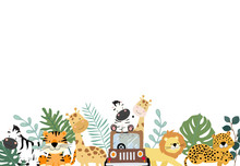 Green Collection Of Safari Background Set With Zebra,lion,giraffe.Editable Vector Illustration For Birthday Invitation,postcard And Sticker