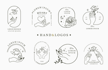 Wall Mural - Beauty occult logo collection with hand,geometric,rose,moon,star,flower.Vector illustration for icon,logo,sticker,printable and tattoo