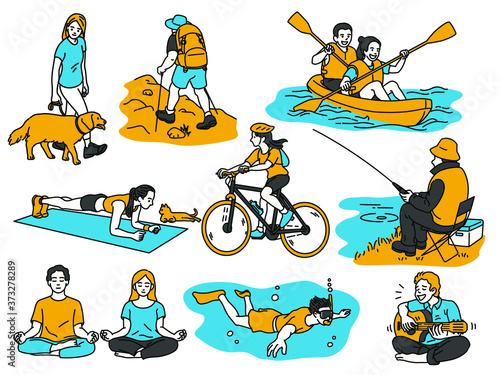Various activities people having recreation, walk the dog, hiking canoeing, cycling, go fishing, meditation or exercise at home, scuba diving, playing guitar. Outline, thin line art, linear style.
