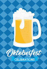 Canvas Print - oktoberfest festival celebration with jar beer in background of chequered vector illustration design