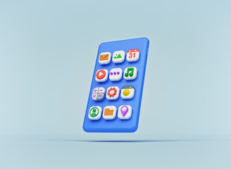 modern minimal design. smartphone with colorful three dimensional app icons. 3d rendering