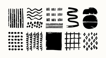 Wall Mural - various sketchy doodle shapes and objects. freehand black lines, curves, dots, spiral. brush stroke 