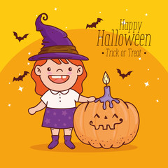 Canvas Print - cute girl disguised of witch for happy halloween with pumpkin and candle vector illustration design