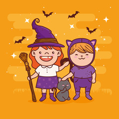 Wall Mural - cute girls disguised of witch and cat for happy halloween celebration vector illustration design