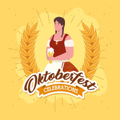 Sticker - oktoberfest festival celebration and woman with glass beer vector illustration design