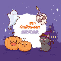 Canvas Print - happy halloween banner and cute icons with haunted house vector illustration design