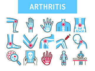 Wall Mural - Arthritis human body line color icons set. Inflammation joints. Signs for web page, mobile app, button, logo. Editable stroke.