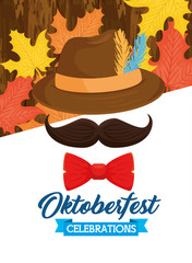 Poster - oktoberfest festival celebration, hat tyrolean, moustache and bow tie vector illustration design