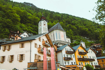 Wall Mural - Hallstatt, Austria - June 15, 2019: Katholische Pfarrkirche Maria Am Berg Hallstatt