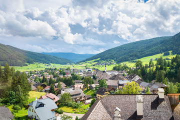 Beautiful view of a green valley in the Alps with small town of Mauterndorf in state Salzburgerland, Austria