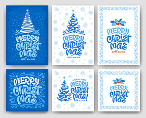 Poster - Merry Christmas greeting card set with artistic and unique lettering. Handwriting calligraphy typography set. Easy to use for any designs on Christmas and New Year. Vector illustration.